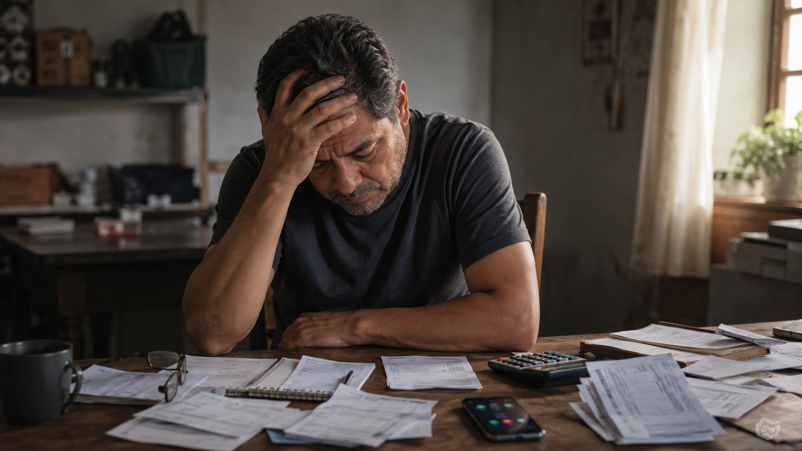 Hombre agotado y preocupado sentado frente a cuentas y papeles, reflejando estrés financiero y emocional.